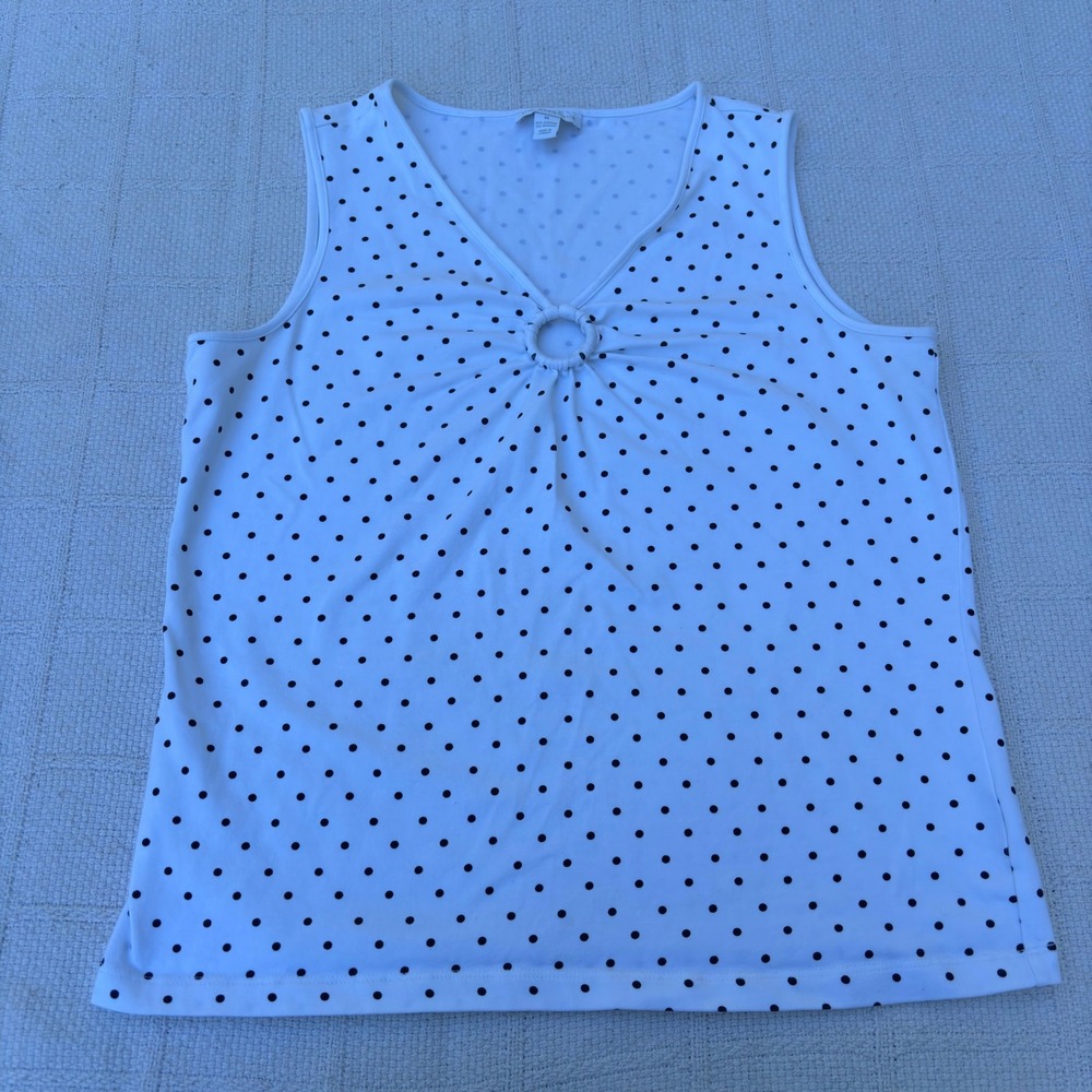 Women's Medium Y2K White Black Polka Dot O-Ring Sleeveless Stretch Tank Top